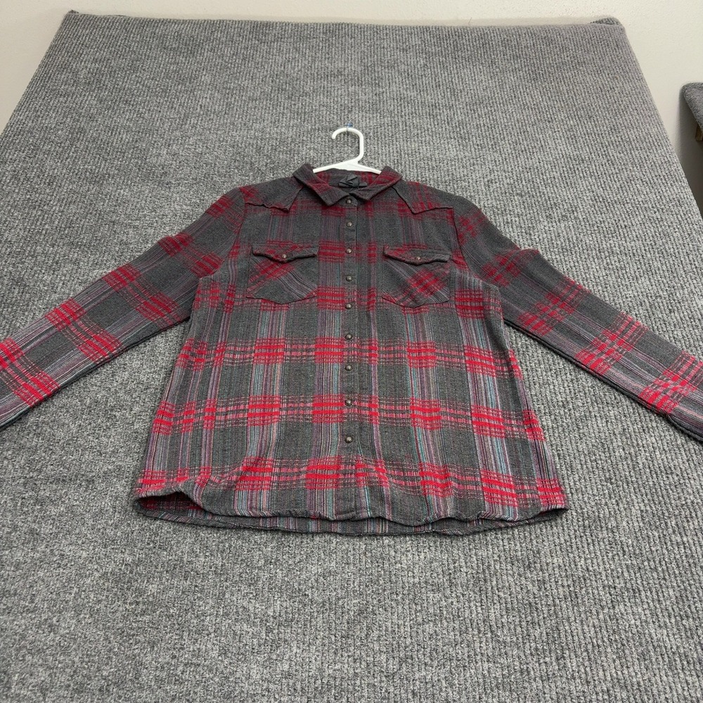 White Crow Shirt Womens S Gray Red Plaid Flannel Western Snap Button Down Style